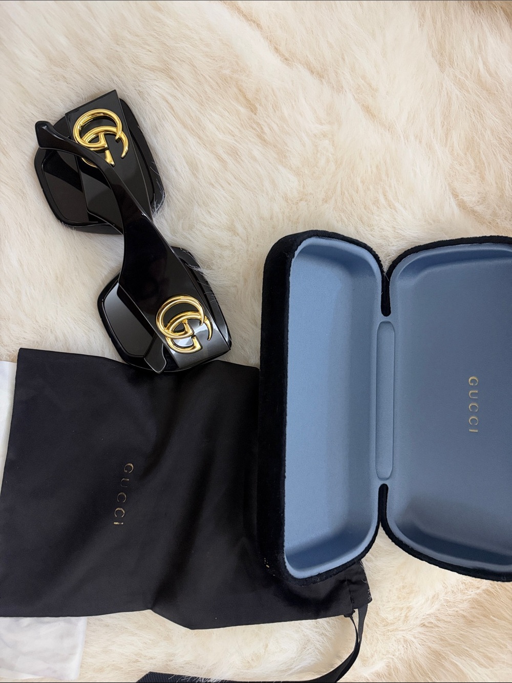 Gucci Black Rectangular Sunglasses with Gold Double G Accents